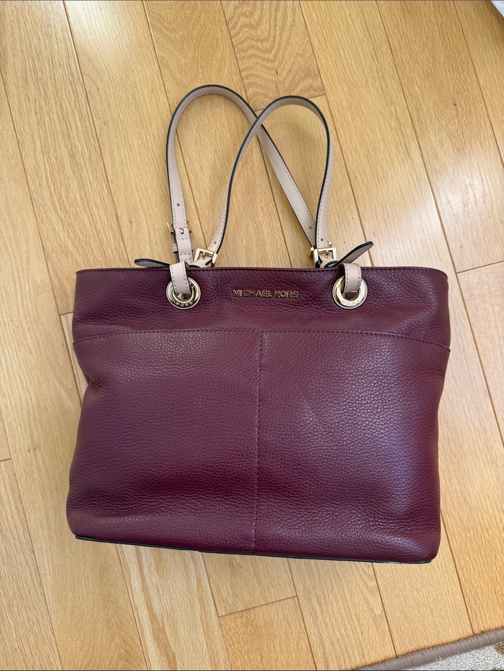Michael Kors Burgundy Leather Tote with Beige Straps